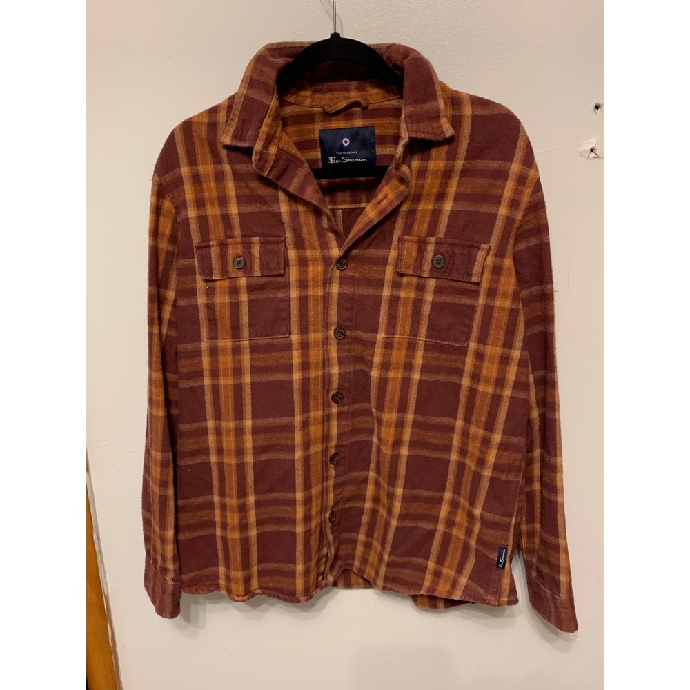 Ben Sherman Mens Plaid Flannel Burgundy Orange Long Sleeve Button Up Size L
